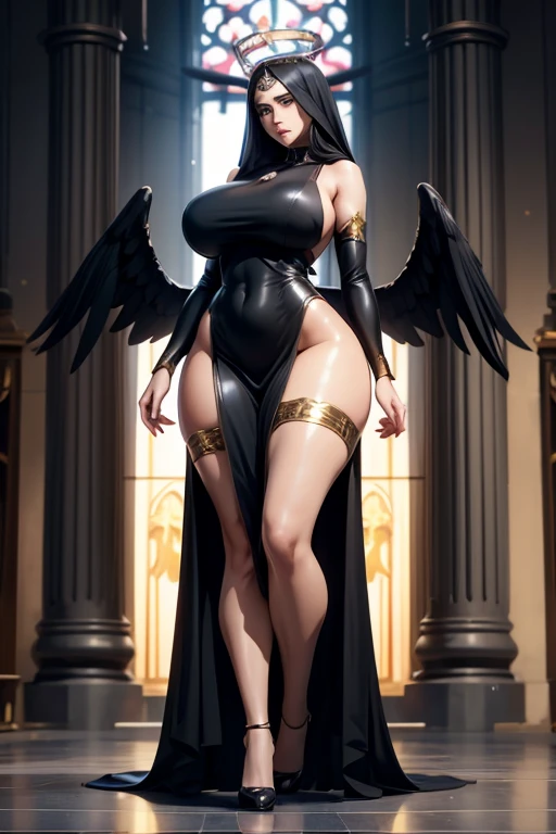 Super-detailed, 8k, 1 girl, mature, long delicate black hair, perfect figure, busty body, curvy body, large and droopy breast, slender hips, thick thighs, huge round ass, black full body dress, crown and head veil, expressionless, angel wings and halo, standing in the middle of a cathedral