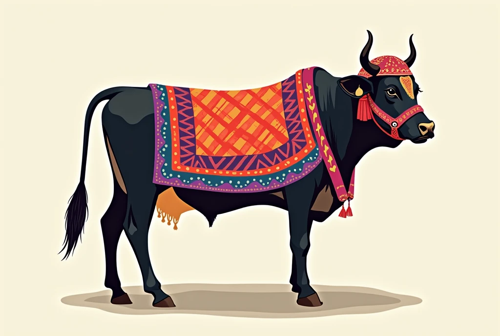 Generate a digital painting of a decorated cow in a geometric and abstract art style. The cow is adorned with colorful, patterned textiles, including a vibrant blanket and headgear. Use bright, contrasting colors like red, orange, purple, and blue, with intricate details of dots, stripes, and lines. The background should be simple and neutral, keeping the focus on the cow's stylized, decorative design.