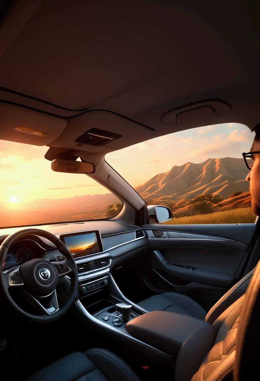 a colorful gradient sunset, a family in a car driving, 3d animation style, extremely detailed interior of car, warm lighting, happy expressions, adventurous journey, vibrant colors, dusk sky, end of a fun day, (best quality,4k,8k,highres,masterpiece:1.2),ultra-detailed,(realistic,photorealistic,photo-realistic:1.37),cinematic, volumetric lighting, studio lighting, hyper detailed, highly detailed environment, intricate details, dramatic lighting