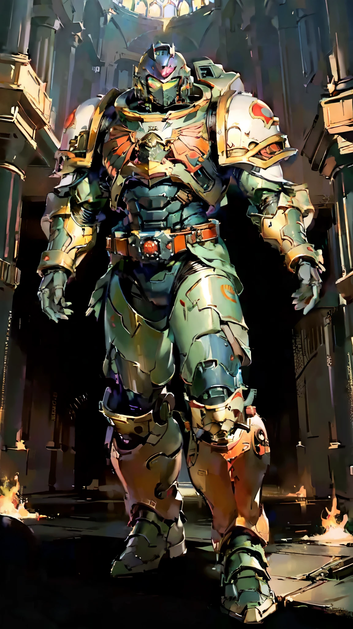 (masterpiece:1.5, best quality:1.5, extremely delicate:1.5), ((male:1.5)), a man wearing a full-face helmet, a biotech armored combat suit, green eyes, (a composite layered chest armor), fully enclosed shoulder guards, matching arm and leg guards, a belt of gemstone, (the color scheme is primarily Yellow with Red and Black accents), the design balances heavy with agility, a high-tech bio-mecha armor, (Armor Concept Inspired by Space Marines, stand of a futuristic sci-fi city), this character embodies a finely crafted fantasy-style armored hero in anime style, exquisite and mature manga art style, (element, plasma, energy, the armor glows), metallic, high definition, highres, ultra-detailed, ultra-fine painting, professional, perfect body proportions, golden ratio, anatomically correct, symmetrical face, extremely detailed eyes and face, high quality eyes, creativity, RAW photo, UHD, 32k, Natural light, cinematic lighting, masterpiece-anatomy-perfect