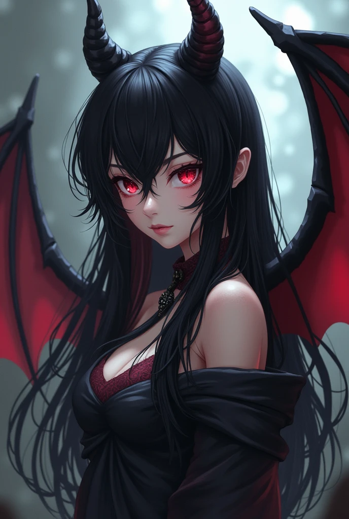 A cinematic shot of a dark fantasy anime-style portrait of a seductive succubus named Lady Venus. She has striking black hair with neon red tips and wears a crown. She has large, glowing red eyes and wears dark clothing. Her wings have a vibrant red center. The background is a dark, gothic architecture. The overall composition is illuminated by dramatic lighting. This portrait is a masterful combination of photography, 3D render, and artistic elements.