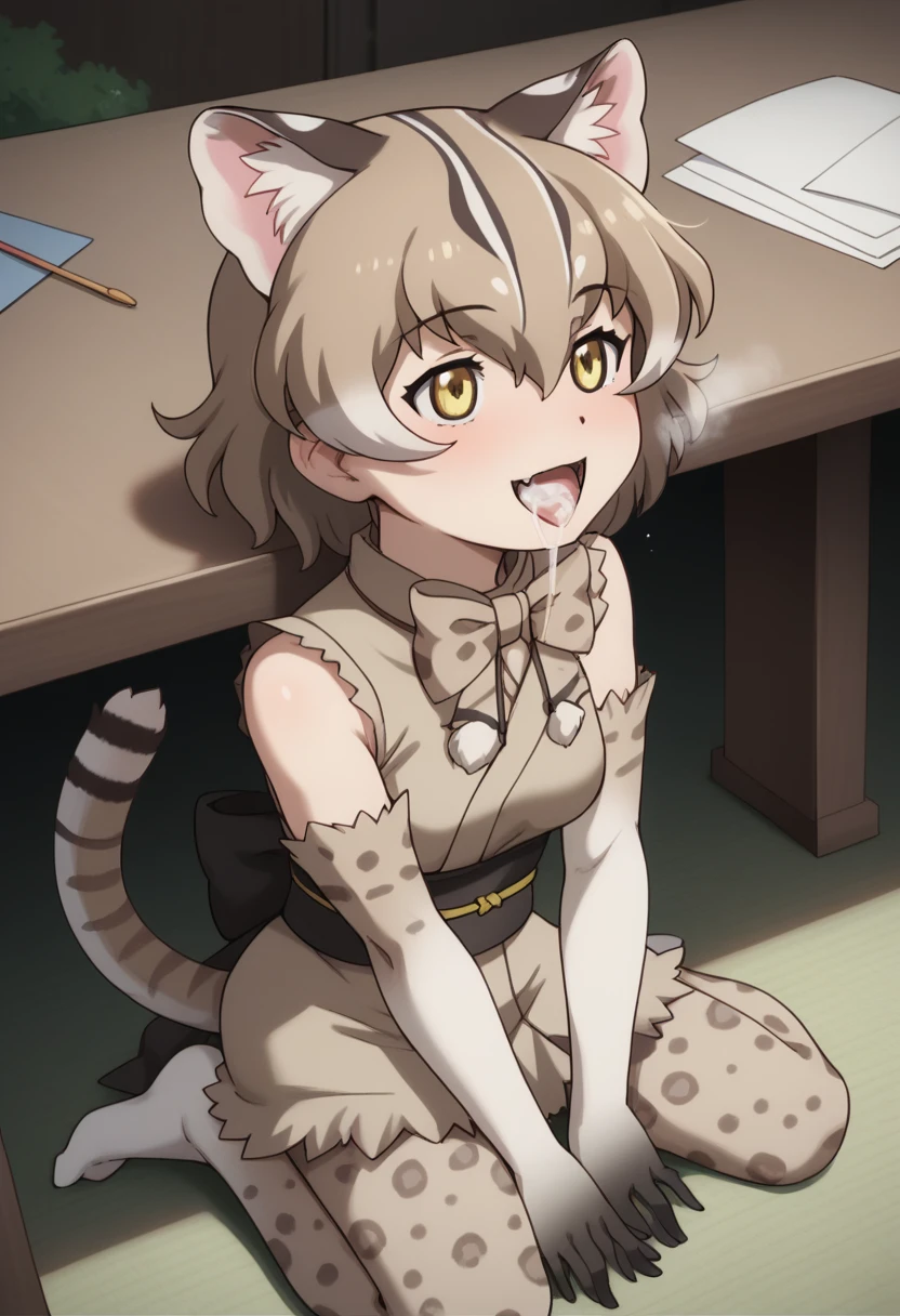 Score_9, Score_8_up, Score_7_up, Score_6_up, Score_5_up, Score_4_up, source_anime, anime style, 1girl,tsushima leopard cat \(kemono friends\), 1girl, cat ears, animal ear fluff, yellow eyes, multicolored hair, brown hair, short hair, cat tail, animal print, leopard print, print bowtie, print kimono, sleeveless, sash, print skirt, back bow, fur-trimmed gloves, print gloves, elbow gloves, fur-trimmed skirt, print legwear,anime coloring, aged down, cute, horny, excited, aroused, heavy breathing, under table, table, saliva, wet penis, sitting, cum in mouth, after fellatio, cum string