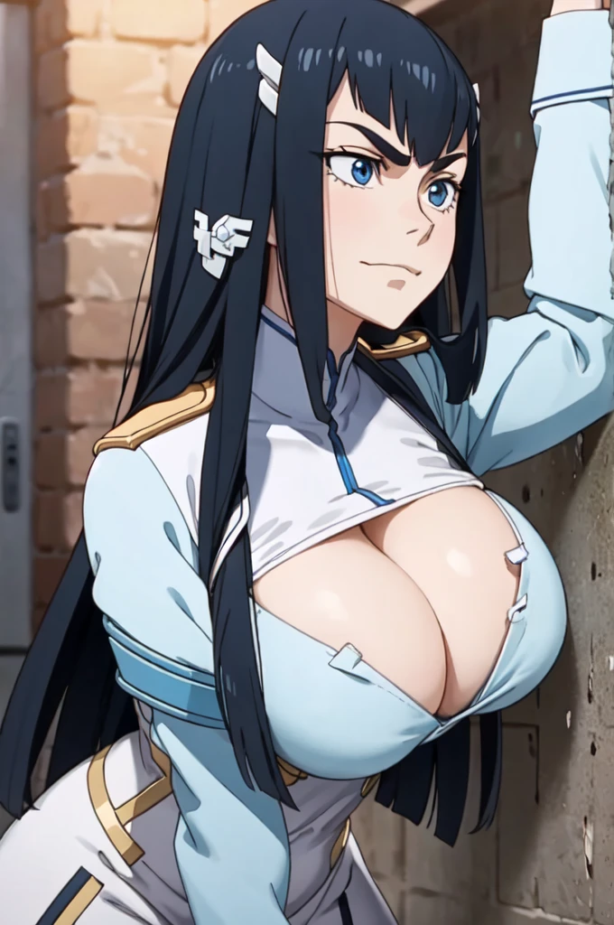 masterpiece, high quality, best quality, 1girl, (muscular female:1.0), (huge breasts:1.0), (closed mouth, half smile), kiryuin satsuki, blue eyes, ((hairclip, intercourse, insertion, full nelson pose)), anime screencap, anime key visual, serious face, detailed pussy, labia, BREAK, ((mating))