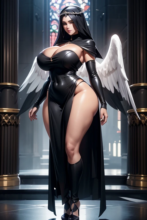 Super-detailed, 8k, 1 girl, mature, long delicate black hair, perfect figure, busty body, curvy body, large and droopy breast, slender hips, thick thighs, huge round ass, black full body dress, crown and head veil, expressionless, angel wings and halo, standing in the middle of a cathedral