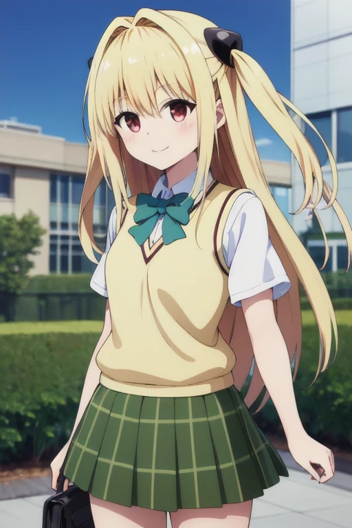 masterpiece, Highest quality, High resolution, Ayami, Very long hair, Facing both sides, Hair accessories, school uniform, Green bow tie, White shirt, Sweater vest, Yellow vest, Short sleeves, Checkered Skirt, Green Skirt, Standing, Cowboy Shot, smile, Outdoor