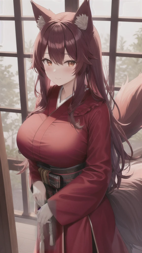 Night,Villa,Japanese Girl,Red long hair shawl,Furry wolf ears,Fluffy wolf tail,Big breasts,Wearing a red maid dress,Standing in front of the window,