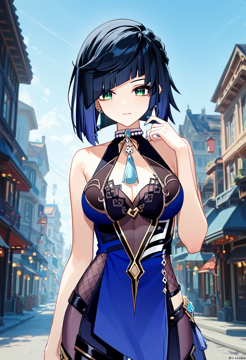 score_9, score_8_upper, score_7_upper, high quality ,masterpiece ,最high quality ,rating safe ,In the city ,girl, Cute Face , navy hair, green eyes , Beautiful Skin ,character_yelan_Genshin Impact , very large breast ,