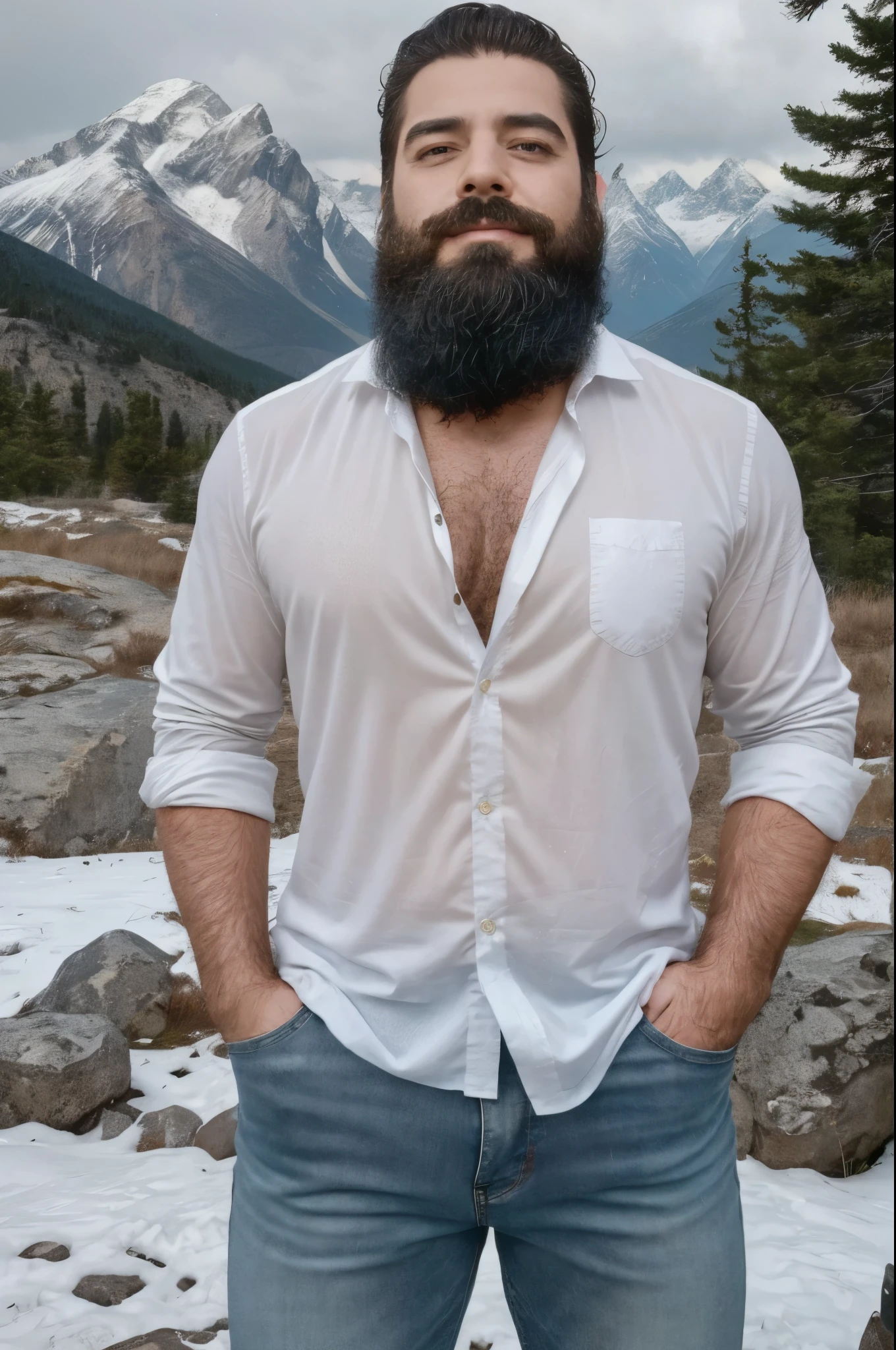 An illustration of a muscular, bearded Greek god................................................, Designed with modern western attire................................................ He has a white shirt and jeans............................................... Her expression is confident and charming................................................, with a hint of a smile. The setting is a snowy mountain..............................................., evoking a classic cold atmosphere, without ceasing to maintain the powerful and regal aura of the god.