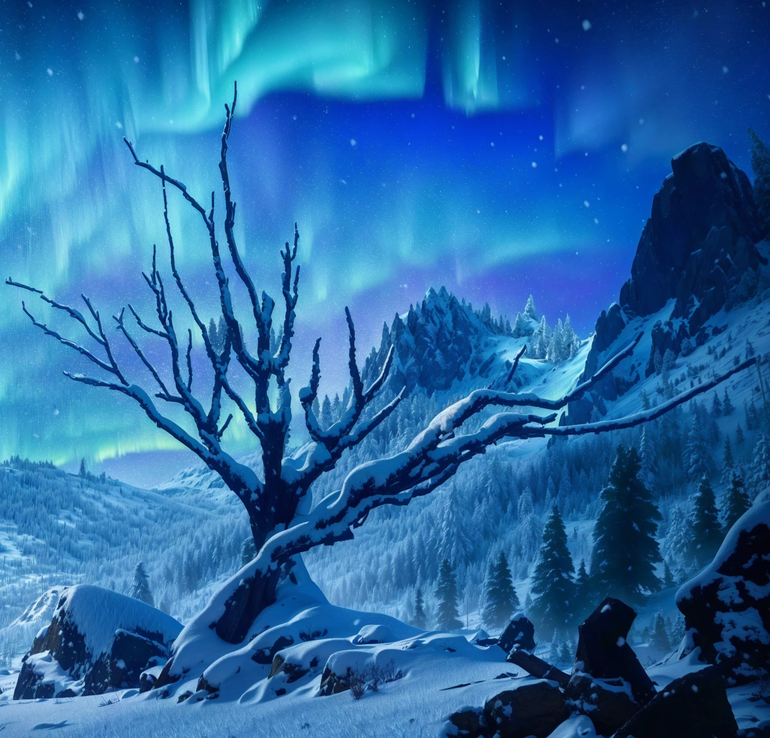 Snow Scene，Under the Aurora, A pile of snow-covered rocks and dead branches Realistic textures HD Amazing details Pine forest Snowy mountains Green aurora shining in the sky, Magnificent background, 8k ,