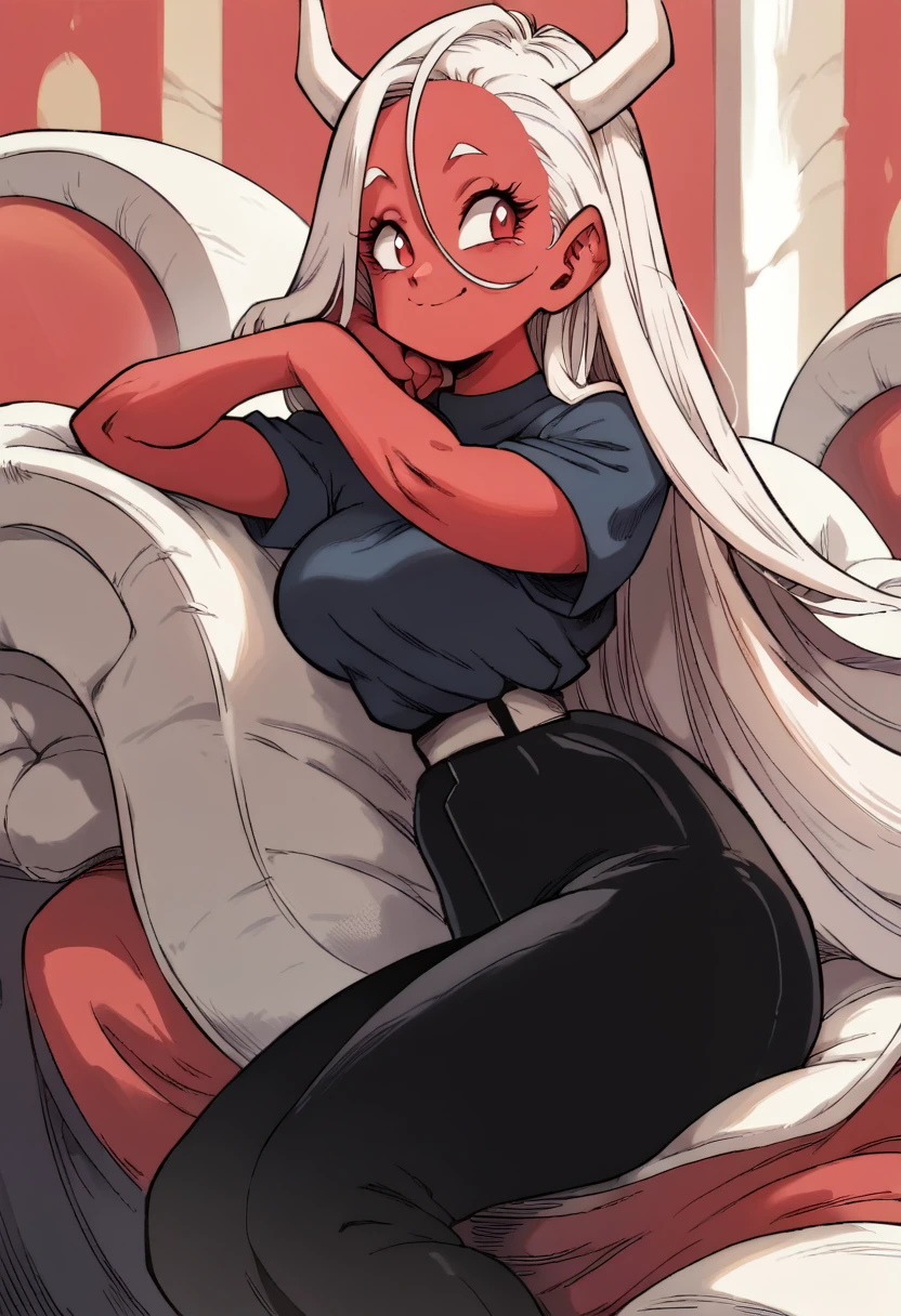 red skin woman, white hair,Long hair, black pants,white horns, red eyes, Black clothes,Big ass, smile,Sitting with her head resting on her hand