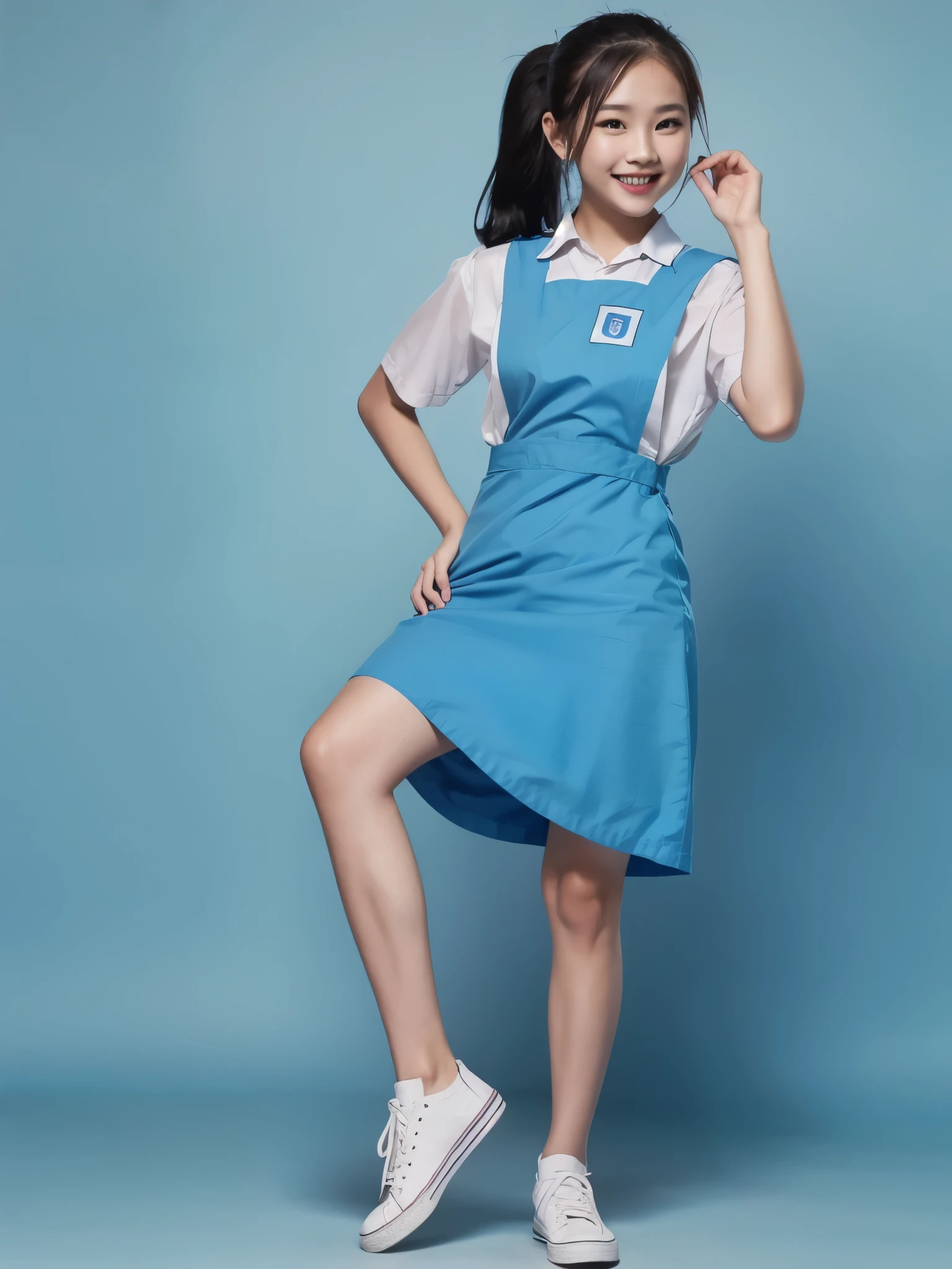 1girl with cute face smiling and ponytail style black hair, model posing, standing, wearing white shirt, below-the-knee pinafore long , (light blue uniform:1.2), "black shoes", white background, morning, full body, (masterpiece, top quality, best quality, official art, beautiful and aesthetic:1.2), ponytail style