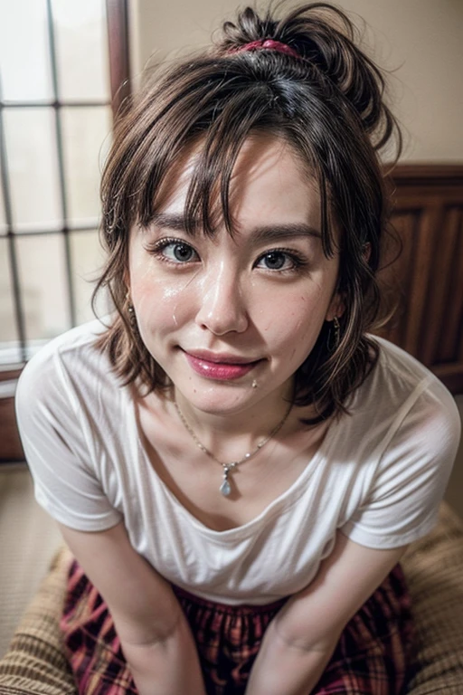 (realistic, photo-realistic, masterpiece, best quality), intricate details, extremely detailed, cinematic lighting, solo, a 36yo Japanese actress, (t-shirt, skirt), (face focus, leaning forward, facial, cum), dark hair, short bob hair, bangs, ponytail, hair ornament, cute face, detailed face, beautiful detailed eyes, sophisticated nose, pale skin, fine-textured skin, sweaty, shiny skin, earrings, necklace, jewelry, photo background, indoors, home,