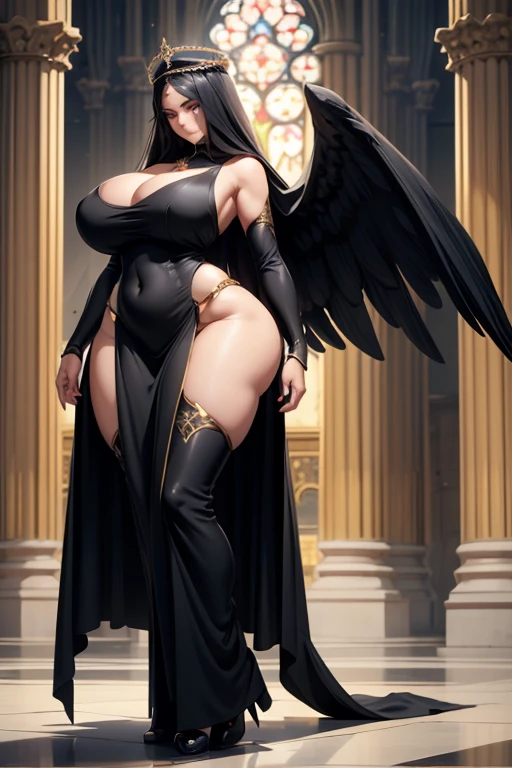 Super-detailed, 8k, 1 girl, mature, long delicate black hair, perfect figure, busty body, curvy body, large and droopy breast, slender hips, thick thighs, huge round ass, black full body dress, crown and head veil, expressionless, angel wings and halo, standing in the middle of a cathedral