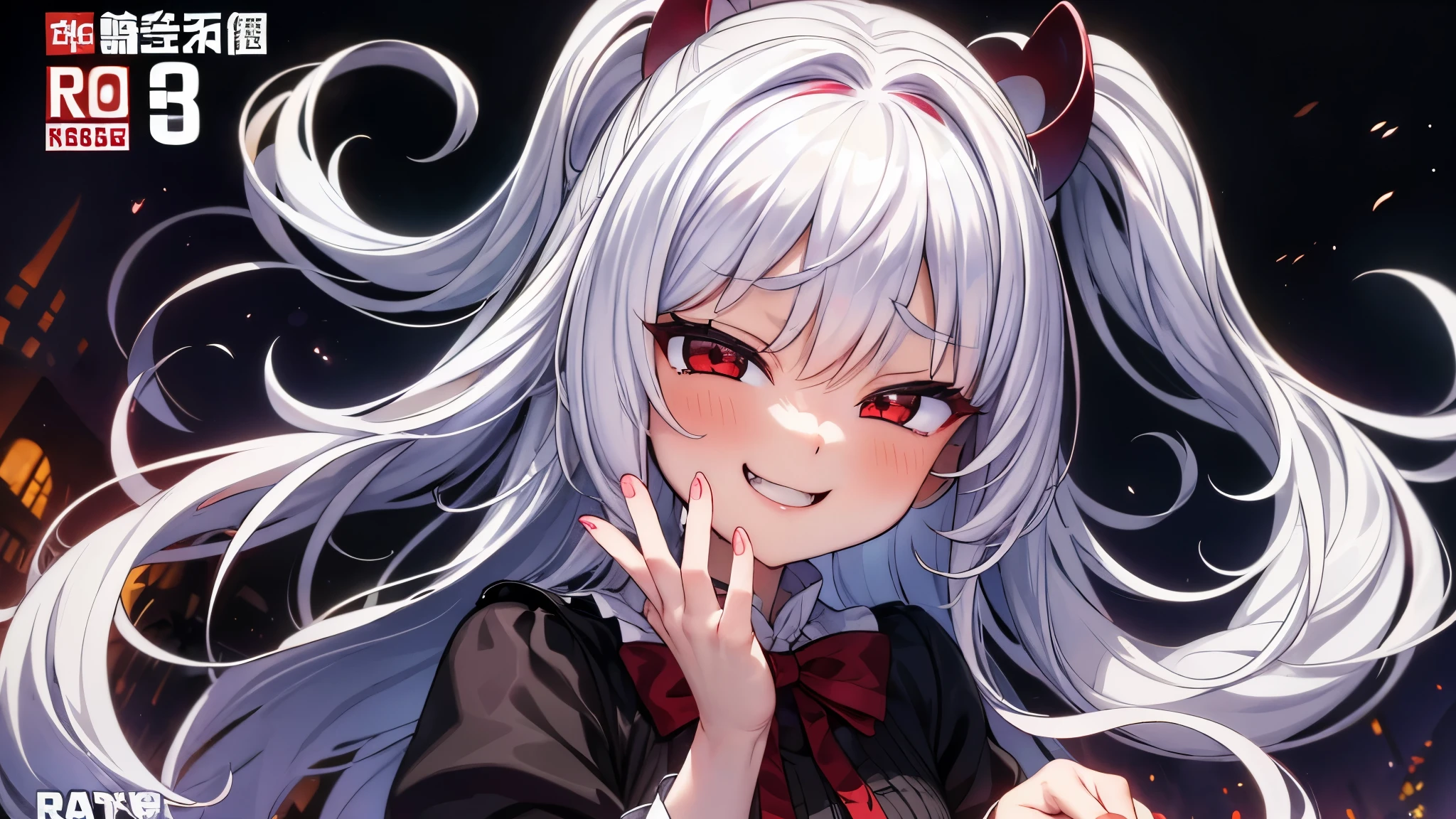 One Woman。4K、Highest quality、Writing down to the smallest detail、Depicting every detail。Detailed depiction。 (One woman、20th Generation、A petite girl with beautiful eyes. The depth of field in the photo was perfect, The lens flare is a nice accent.、Cover your face with both hands。Hiding face with hands。Seeing through the gaps between my fingers。Red Eyes、Silver Hair、Long Hair、Curly Hair、clothing、White dress、Cute clothes、anger、Angry face、hatred、Horror smile、Crazy Smile 、The score was definitely over 10.. background, Spooky ruins、Dark Ruins、Horror ruins、A wonderful way to capture the horror)