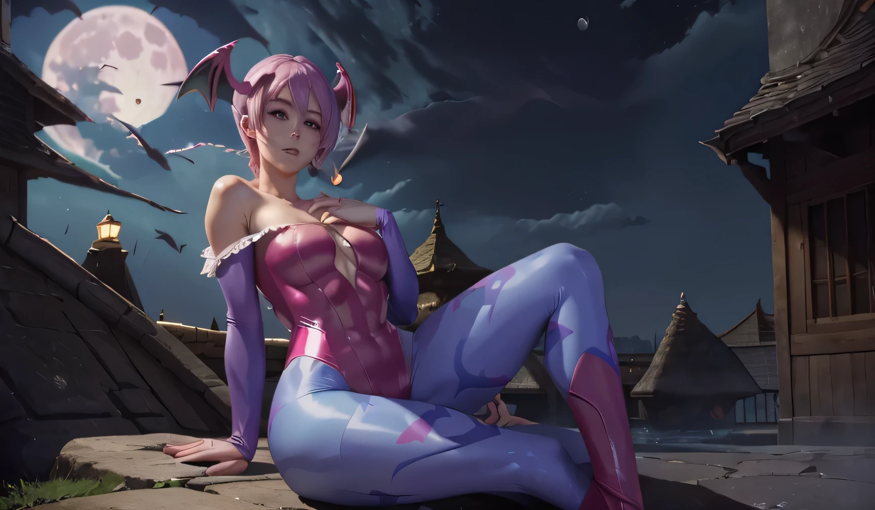 Lilith aensland her super thick breasts、pink hair、、8k, 4k, Of the highest quality, High resolution: 1.2),flicker、、cute anime face、pink blush on the cheeks.、noise removal,very close to the screen... (((her perfect body))) (((that her body can be seen from head to toe in her very tight suit)))(((Masterpiece of the perfect body ))),(((in the background the darkness and the full moon)))