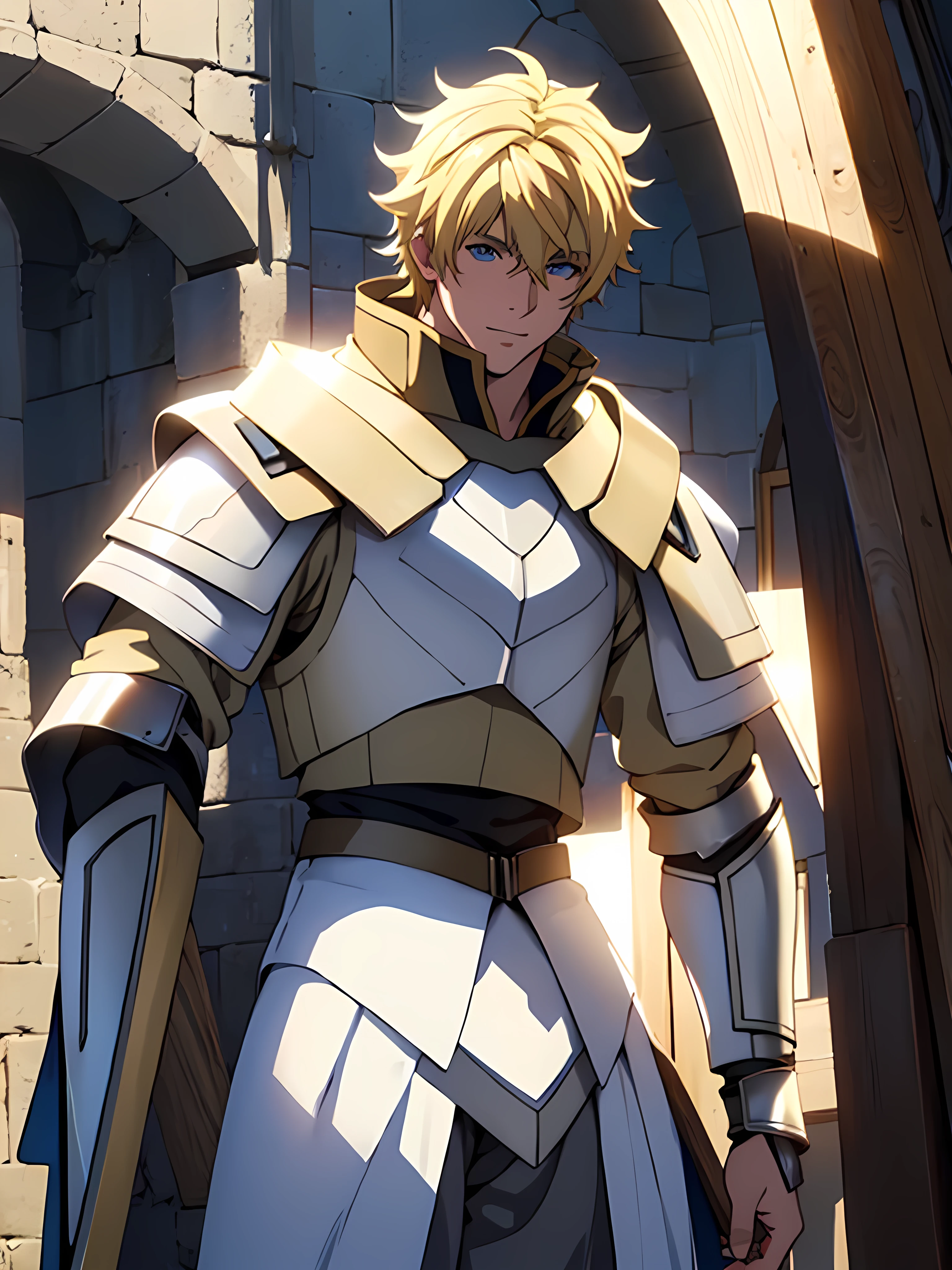 masterpiece, best quality:1.2), masterpiece, high quality, beautiful graphics, high detail, ultra detailed, cinematic lighting, HDR, ilustration, Man anime design, anime 4k, holding a large shield, blonde hair, blue eyes, white armor, white clothes, happy, medieval era, beautiful man
