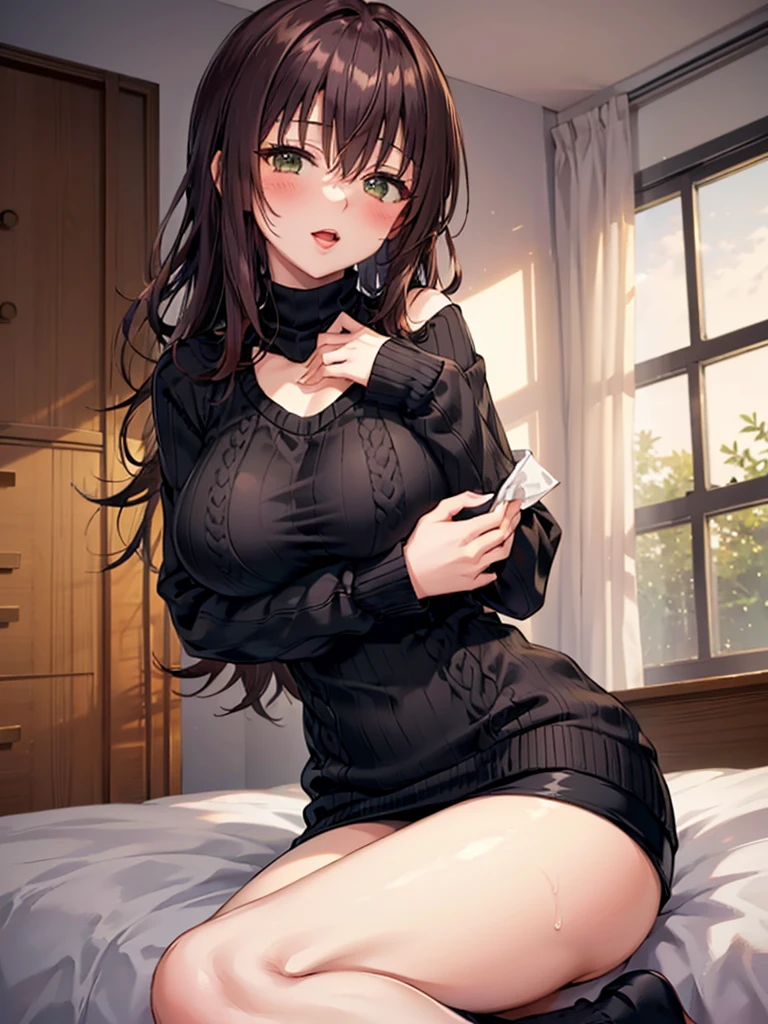 ((Highest quality)), ((masterpiece)), (detailed), One person,Age 25,(Black knit sweater),(mini skirt),Shoulder Bare,Big Breasts,blush,Underbust,(The chest is visible),(Excited expression),(Seduce),night,indoor,nightの部屋月明かり,Dim lighting,(In a dimly lit room),(In a messy room),(On the bed),(A dark room with moonlight shining in),Browsing Caution,sexy,dirty,Sweat,(Black knee-high socks),