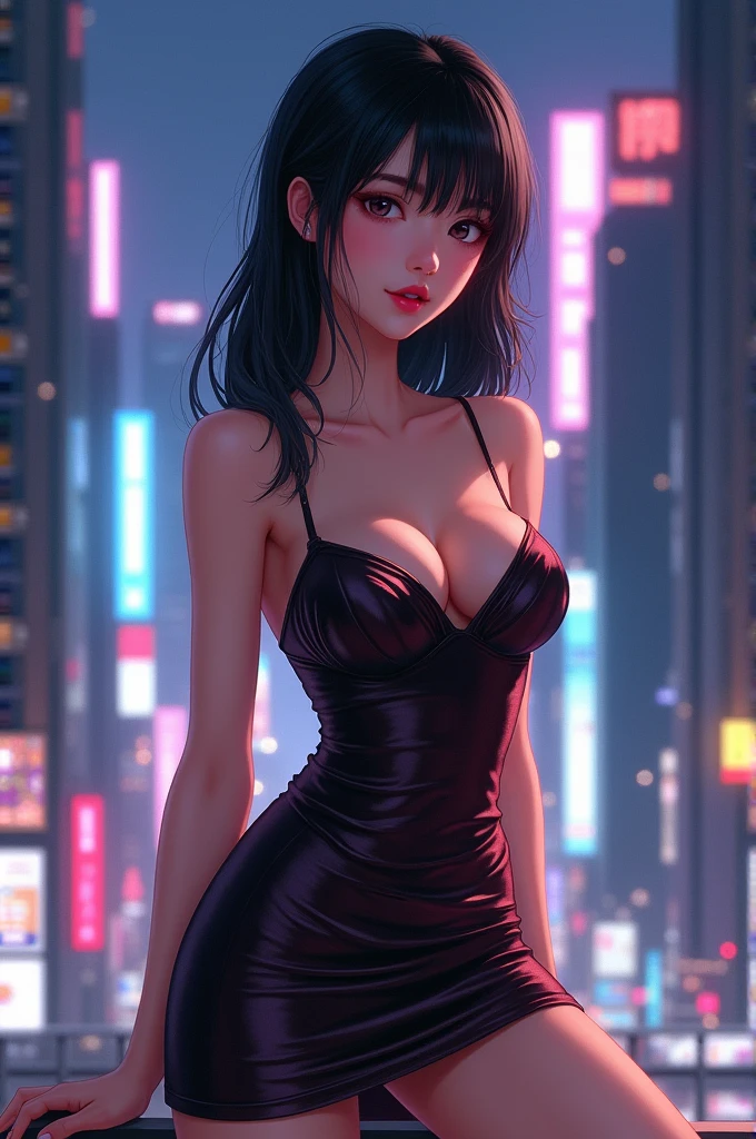 A Japanese anime girl on a luxury balcony, wearing a tight, low-cut dress, with a close-up of the seductive lines of her large breasts and the neon lights reflecting off her body, highlighting its charm and the vibe of the night.