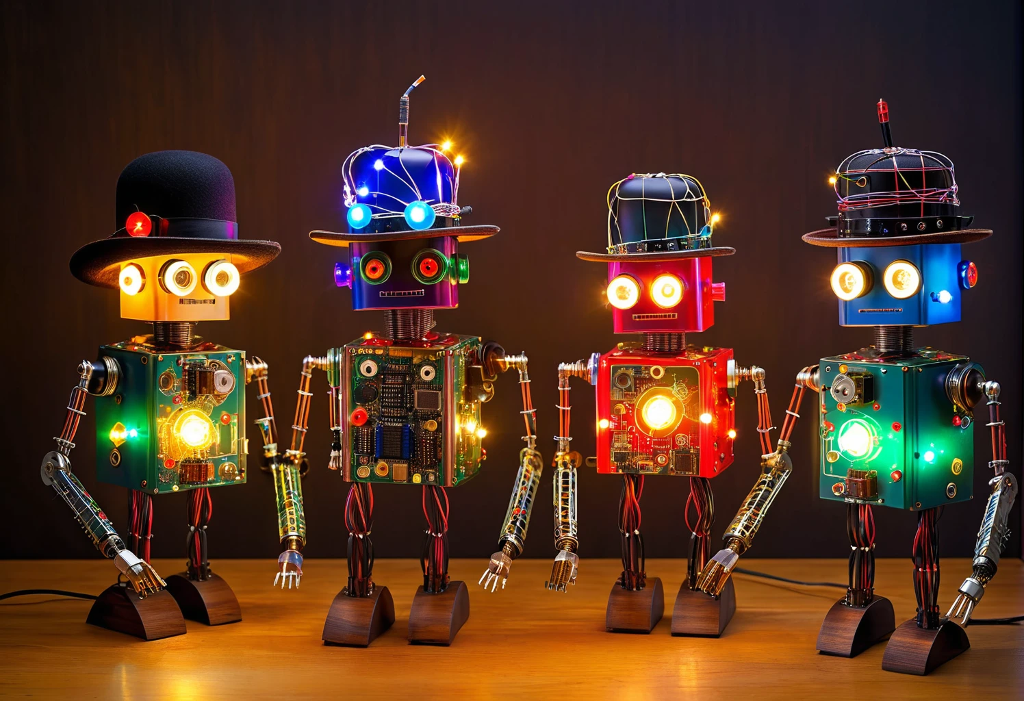 robots made of electronic parts, colored wires, light bulbs, LED lights and pieces of wood. Bowler hats. 