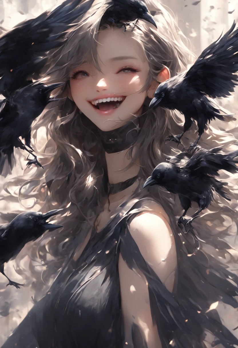 (playing with a raven:1.4).Beautiful Japanese woman, Short, beautiful figure, cute butt. elegant black dress, high heels, (smile). Masterpiece, best quality,(highly detailed:1.2),(detailed face and eyes:1.2), 8k wallpaper, natural lighting. core shadows, high contrast, bokeh.