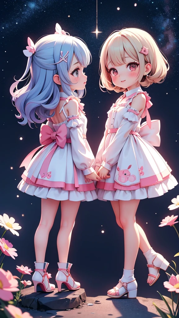 ((yuri, lesbian kiss)), ((petite bishojo, little 2girls)), ((cute  face)), ((cute puffy eyes)), ((masterpiece)), ((best quality)), ((ultra detailed)), (exquisite), (depth), (crisp), ((8k)), (beautiful and aesthetic), (super detailed skin), ((high standard)), ((highres)), ((perfect anatomy)), (full body), (blush), (rouge), (wuv, cutesy jk), (beautiful hands)