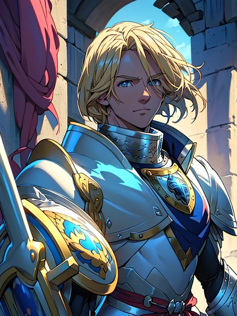 masterpiece, best quality:1.2), masterpiece, high quality, beautiful graphics, high detail, ultra detailed, cinematic lighting, HDR, ilustration, Man anime design, anime 4k, holding a large shield, blonde hair, blue eyes, white armor, white clothes, happy, medieval era, beautiful man