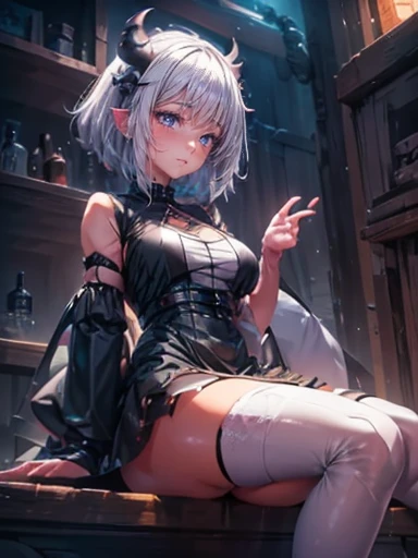 a woman in a black and white outfit sitting on a white surface, succubus in tight short dress, dragon girl, beautiful succubus, monstergirl, anime monster girl, lamia, top rated on pixiv, 2 b, 2b, seductive anime girl, demon anime girl, pixiv 3dcg, white - haired fox, noire