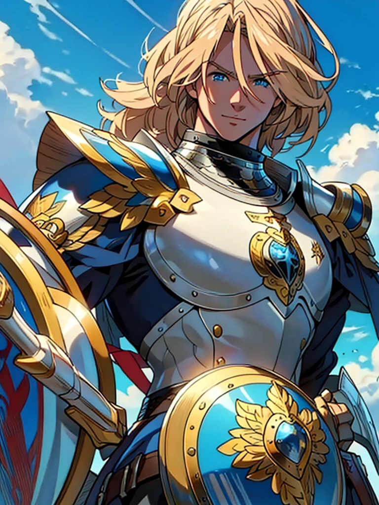 masterpiece, best quality:1.2), masterpiece, high quality, beautiful graphics, high detail, ultra detailed, cinematic lighting, HDR, ilustration, Man anime design, anime 4k, holding a large shield, blonde hair, blue eyes, white armor, happy, medieval era, beautiful man