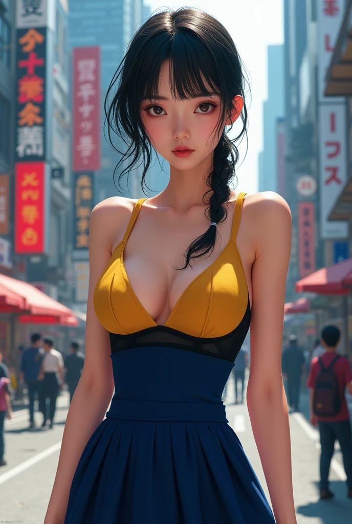 masterpiece, highly detailed, best quality, 1girl, solo,
Luna, black hair, red eyes, blunt bangs, yellow bikini, small breasts