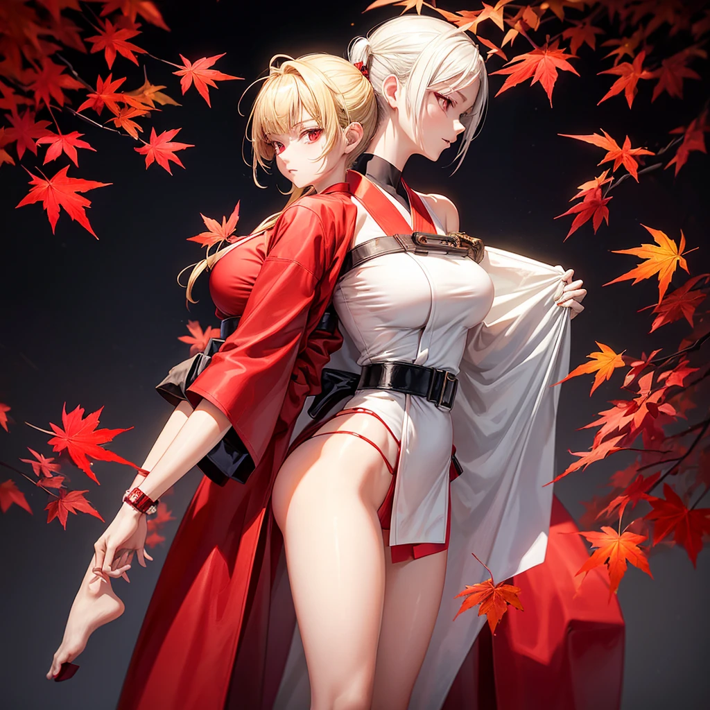 Girl, , fair skin, short blonde hair in a ponytail, light red eyes, half white half red yukata with open legs and maple leaves, wooden slippers, slim, beautiful legs, black belt, black gloves, red patterns