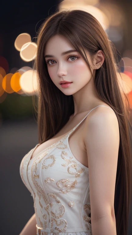 (Best Quality), (Ultra-detailed), (Detailed light), (Extremely delicate and beautiful), 1girl in, Brown hair, Brown eyes, (Beautiful big breasts:1.5), breasts, Best Quality, extremely detailed CG unified 8k wallpaper, High-definition raw color photos, professional photograpy, (((Bokeh))), depth of fields,