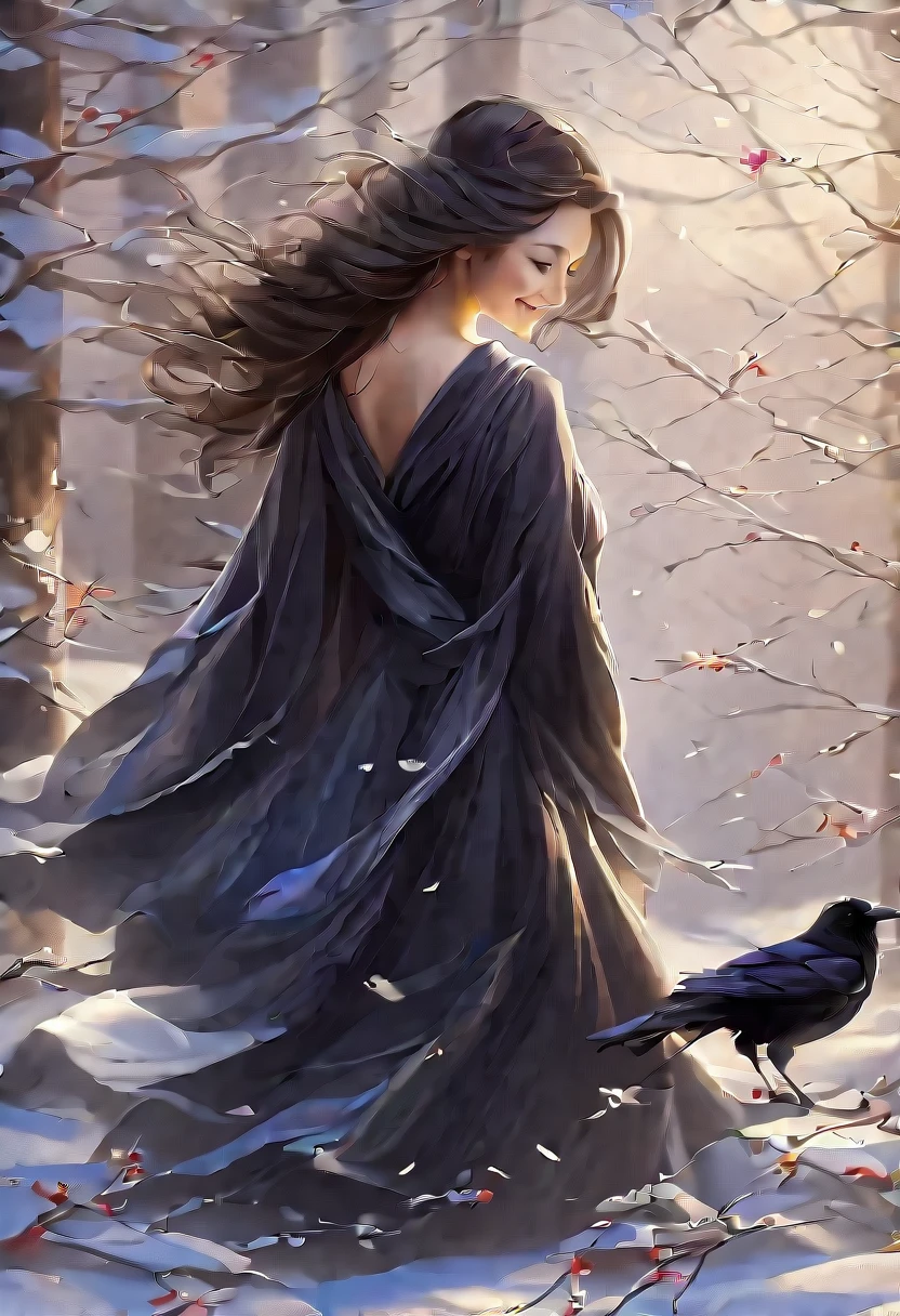 (playing with a raven:1.4).Beautiful Japanese woman, Short, beautiful figure, cute butt. elegant black dress, high heels, (smile). Masterpiece, best quality,(highly detailed:1.2),(detailed face and eyes:1.2), 8k wallpaper, natural lighting. core shadows, high contrast, bokeh.