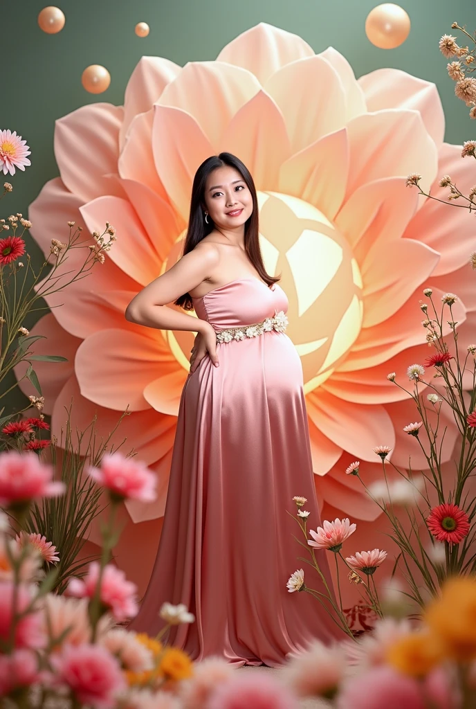 ((1 pregnant woman,Pregnant,Pregnant women in Japan,Pregnant women,Pregnancy,Japan pregnant women,Big belly,Very big belly)),(Smile here,View here,Looking at the camera),finerly detailed face,Lifelike face,A slight smil,Easy chair,Sit in an easy chair，Long dress with orange trim，and the sun was shining brightly，depth of fields，Highlight，Real Light，Ray traching，OC Renderer，UE5 Renderer，Hyper-realistic，best qualtiy，8K，Works of masters，super-fine，Correct anatomy，hightquality、The best images、beautiful image,flower gardens、(numerous roses,Full roses,Labo Tunnel,Arch of roses,Flower Arch,A large amount of roses,surrounded by flower,Drenched flowers,Pink and white roses,numerous roses,Pink roses,white roses,surrounded by flower)