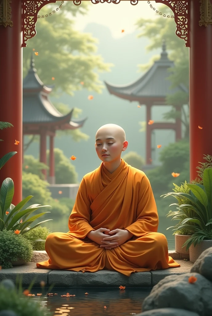 A three-year-old Buddhist monk meditates by a stream，His coral-colored lines pop out with a calm facial expression，Round face，Big eyes，Fold your hands together，Cinematic lighting is super realistic, Super detailed, And the skin texture is very detailed --auto