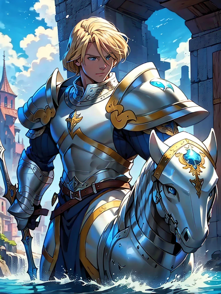 masterpiece, best quality:1.2), masterpiece, high quality, beautiful graphics, high detail, ultra detailed, cinematic lighting, HDR, ilustration, Man anime design, anime 4k, holding a large shield, blonde hair, blue eyes, white armor, happy, pool man, medieval era, beautiful man
