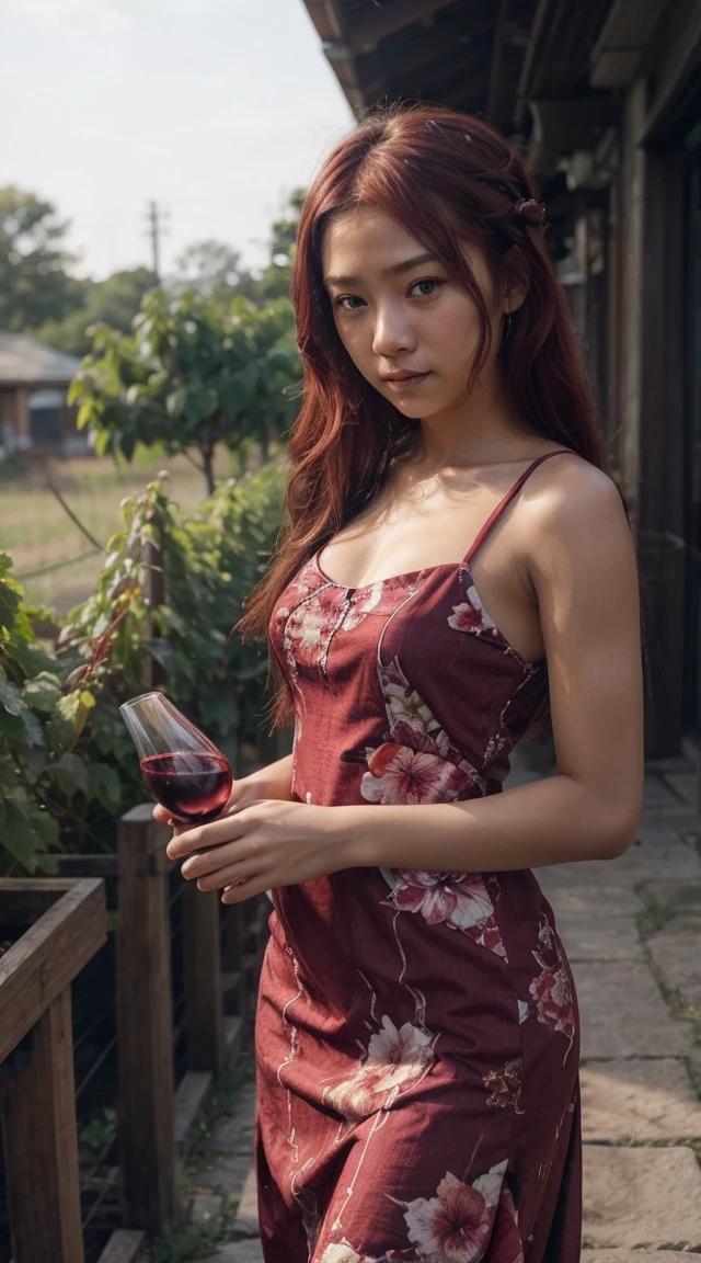 filipina, brown skin, outdoor, in the dining table, Christmas dinner, noche buena, food in the table, red shirt