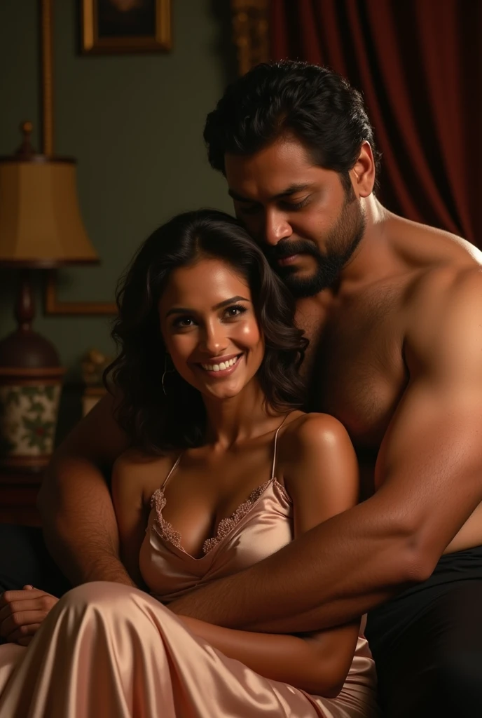 a 50-year-old shirtless man affectionately hugging and kissing aradiant, full-figured South Indian plus-sized 30 year old teacher wearing a off white silky saree in dressing room, captured in a full-body image with vibrant hues and meticulous details. Full body image