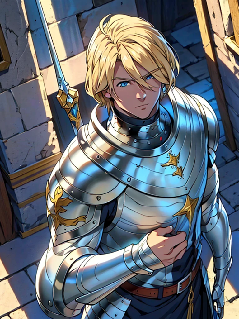 masterpiece, best quality:1.2), masterpiece, high quality, beautiful graphics, high detail, ultra detailed, cinematic lighting, HDR, ilustration, Man anime design, anime 4k, holding a large shield, blonde hair, blue eyes, white armor, happy, poor man, medieval era, beautiful man