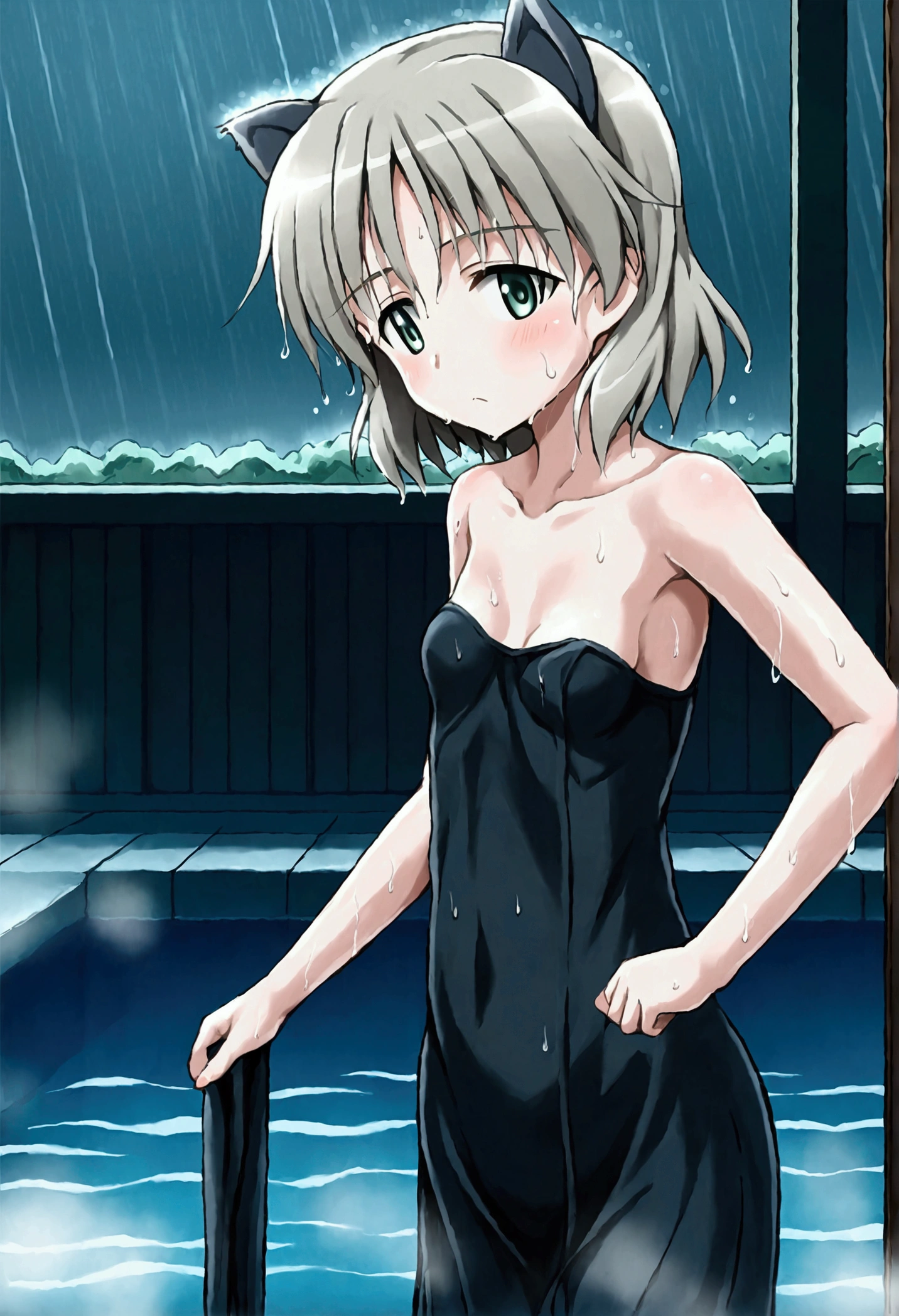 (8k, Highest quality, Anime Style, View your viewers, Intricate details:1.3),(One woman, Strike Witches Sanya, Small breasts, I can see the valley), (Sweating, The whole body is visible, Being hit by rain, Soaking wet)