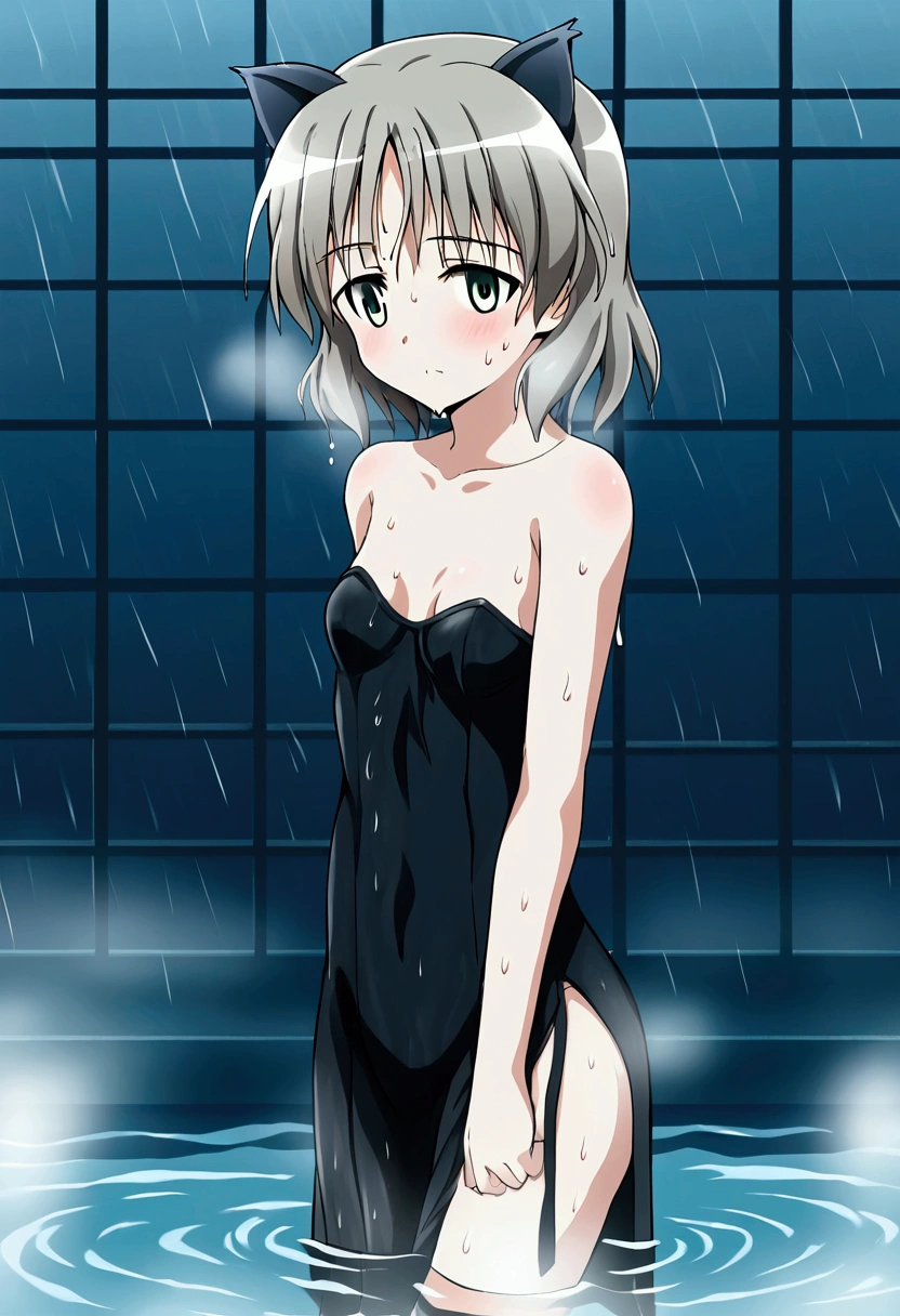 (8k, Highest quality, Anime Style, View your viewers, Intricate details:1.3),(One woman, Strike Witches Sanya, Small breasts, I can see the valley), (Sweating, The whole body is visible, Being hit by rain, Soaking wet)