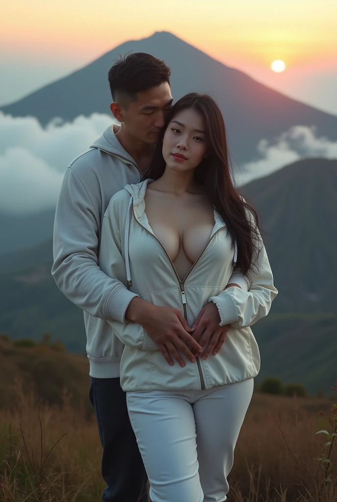masterpiece), outdoor , best quality, masterpiece, (photorealistic:1.2), two person, couple, young man and girl, in Blue sky and white clouds, Sunlight, grassland, mountain peak, ((northern view of Tibetan grassland background)) , hourglass body, ((medium round breasts)), ((girl is outstretched_arms)), ((wearing a batik short sarong around the waist)), ((a man is holding girl's waist from behind)), perfect nipples, front view, realistic skin, (((boy short hair)), ((boy muscles body)), ((boy handsome face)), (smile together: 1.5), ((fringe curtain messy hairstyle)) ((long hairs flowing by the wind)), brown hair, perfect skin, human skin imperfection, happy face, blackout lighting, ((topless:1.5)), attractive, seductive, perfect hands, perfect fingers ,poakl, (()),1boy, girl