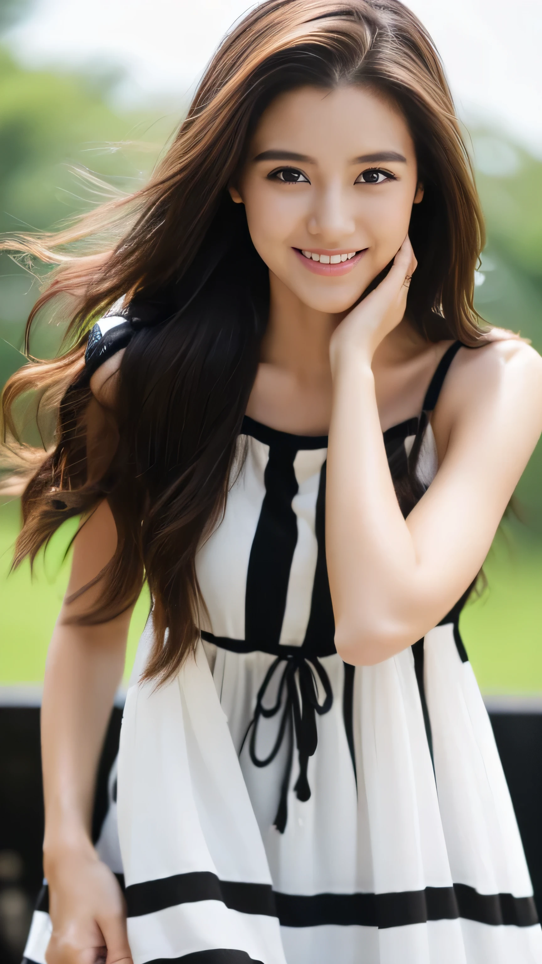 the Extremely Detailed CG Unity 8K Wallpapers、top-quality、ultra-detailliert、masterpiece、realisitic、Photo Real、extremely detailed cute girl、25-years old、(skirt rift)、(skirt lift by yourself))、Different color panties for each image、panties focus、red blush、cparted lips、looking at the viewers、Half body shot、Beautiful woman wearing fashionable and classy clothes、beautiful spring scenery) Different hair lengths and waves for each image,Sweet smile