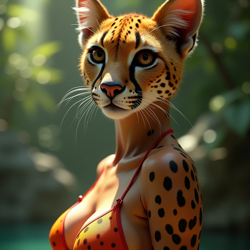one girl, cheetah ears, , pure, cute naked, topless, a Woman cheetah mix, human Body, big tits, furry and skin, cheetah nose but the Rest of the face ist human, (((whiskers))) big eyes, cheetah fur, bambi eyes, hybride 40 % cheetah and 60 % human, face mostly woman, cheetah Hair ,short hair, fur instead of skin at Body Arms and shoulders and neck, tits are human, the mice nose is hairy , nipples, cheetah fur , full black Iris, hole eyes are black Just Like a fawn, slender, No clothes human like face