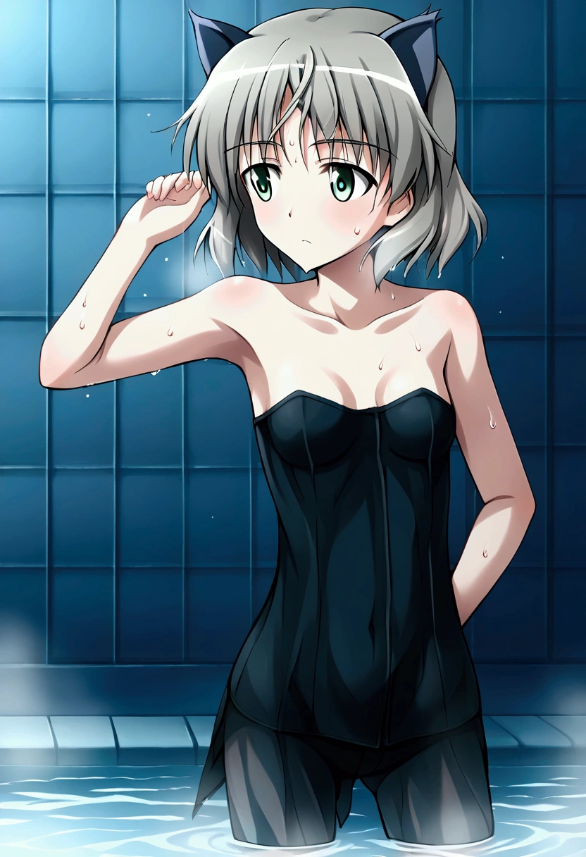 (8k, Highest quality, Anime Style, View your viewers, Intricate details:1.3),(One woman, Strike Witches Sanya, have a firearm, Small breasts, I can see the valley), (Strike Unit, Sweating, The whole body is visible, Being hit by rain, Soaking wet, In the air)