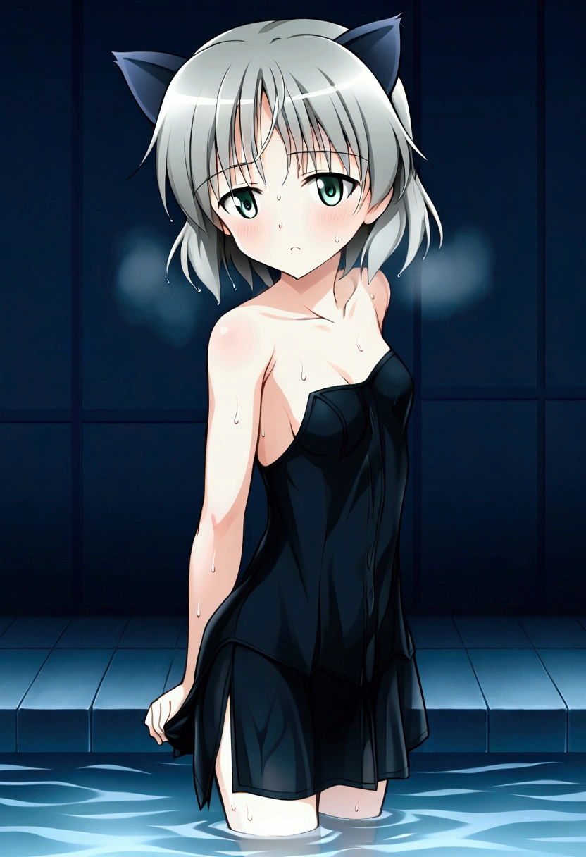 (8k, Highest quality, Anime Style, View your viewers, Intricate details:1.3),(One woman, Strike Witches Sanya, have a firearm, Small breasts, I can see the valley), (Strike Unit, Sweating, The whole body is visible, Being hit by rain, Soaking wet, In the air)