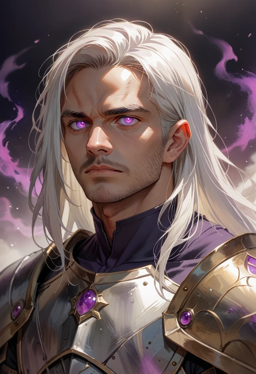 knull,king in black,male humanoid,,white hair,long hair,purple eyes,glowing eyes,sharp focus,fantasy armor,(gradient armor),purple aura,purple eyes,ultra violet colour