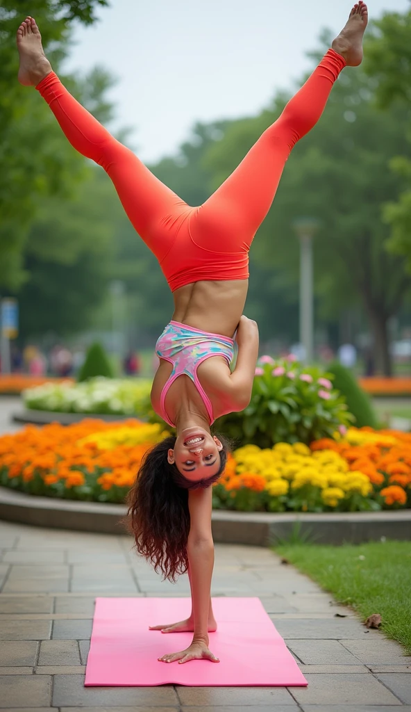 A high-quality, realistic image captured from a close-shot low view features a Russian model performing a split stretch with her thighs on gymnastic parallel bars held over a 2-meter-high, half-meter width container. The composition highlights the container's edge with the Adidas logo, her thigh curves, and her colorful Adidas bikini with a string thong and colorful socks. The model's expression conveys focus and determination, with a hint of satisfaction. The background is a softly blurred urban setting, adding local flavor and authenticity. Natural lighting enhances the vibrant colors of her bikini, and the image captured from down-top view.