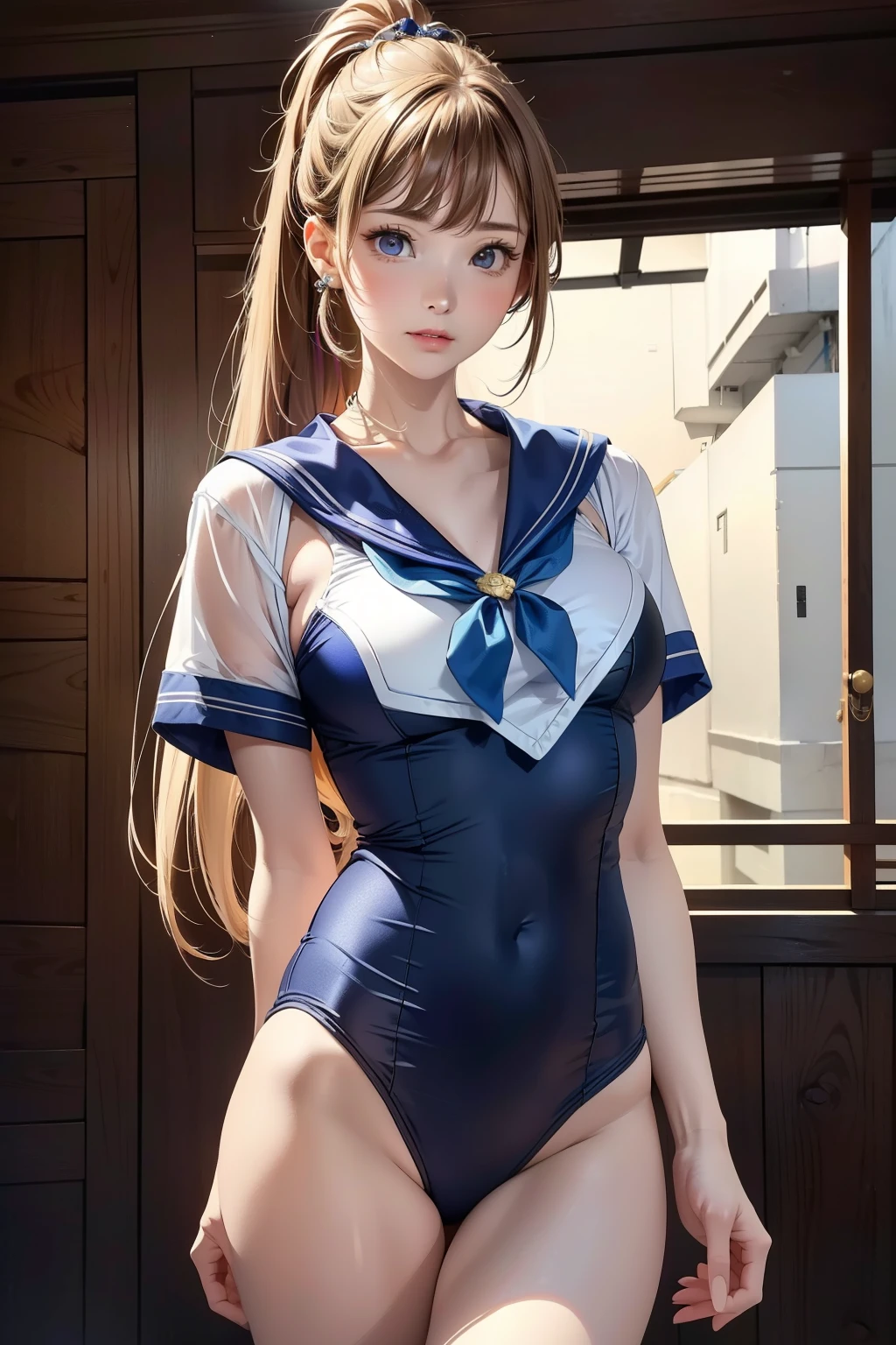 (Translucent sailor bodysuit:1.7)A beautiful idol girl wearing、She is dancing under the spotlight on stage with her legs wide open and smiling.、(Highest quality、4K、8K、High resolution、masterpiece:1.2)、Super detailed、(Real、Photorealistic、Photorealistic:1.37)、Highly detailed face and eyes、Beautifully detailed lips、Long eyelashes、Dynamic pose、Dramatic lighting、Bright colors、Neon Light、Studio Lighting、Sharp focus、professional