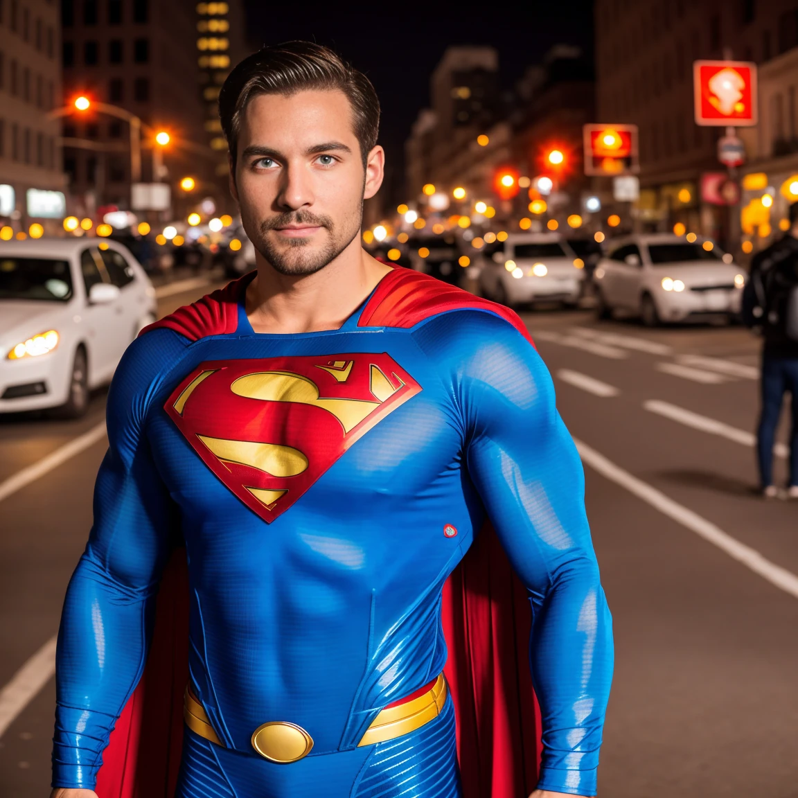 1man muscular male wear  a superman suit, red long cape, 30 years old，small beard, Sexy and charming expression，gloomy eyes，Blue eyes, with arms crossed on the street of a night city, new york city, at night, professional, front view, sharp focus, well-balanced exposure.