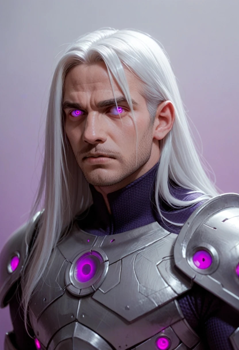 knull,king in black,male humanoid,,white hair,long hair,purple eyes,glowing eyes,sharp focus,futuristic armor,(gradient lines armor),dark purple aura,purple eyes,ultra violet